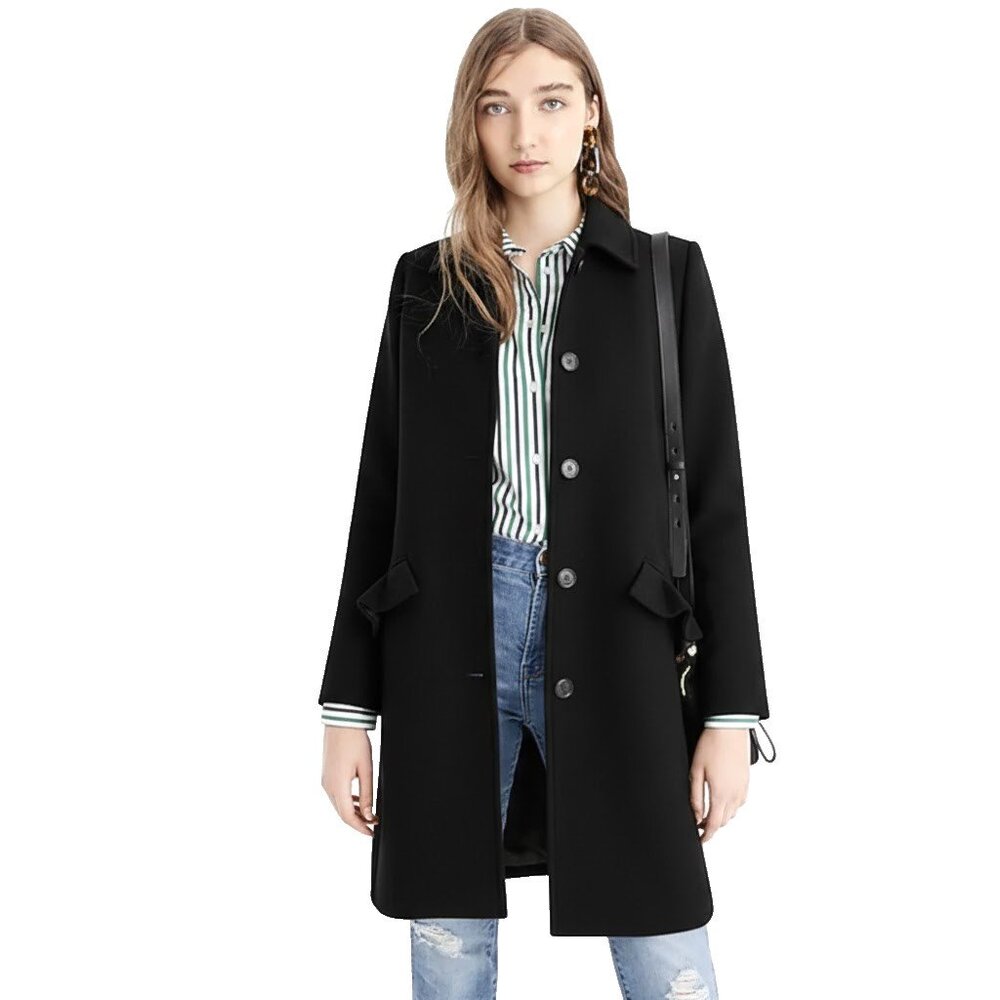 NWT J.Crew Ruffle Pocket Topcoat in Black Italian Double-Cloth Wool Coat 2P